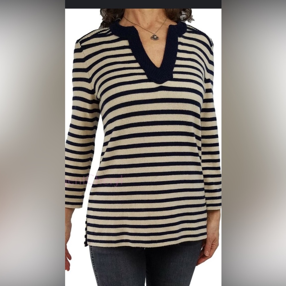 Tory Burch Cashmere Tunic Lizzie Sweater Tan and Navy Stripe